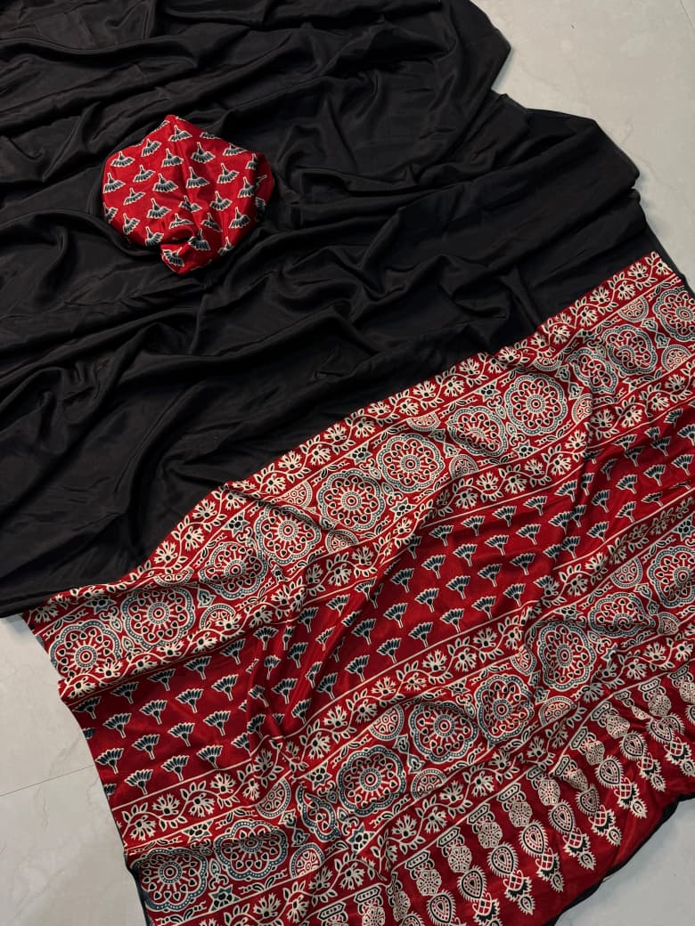 Kayatri New Designer Ajrakh Print Saree Crafted from Pure Crepe Silk