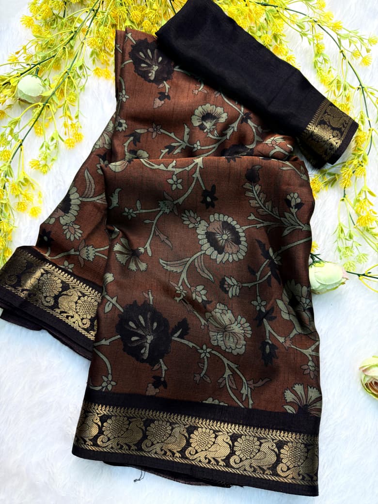 Kayatri New Classic Soft Dola Silk Saree with Pen Kalamkari Print Rich Zari Border