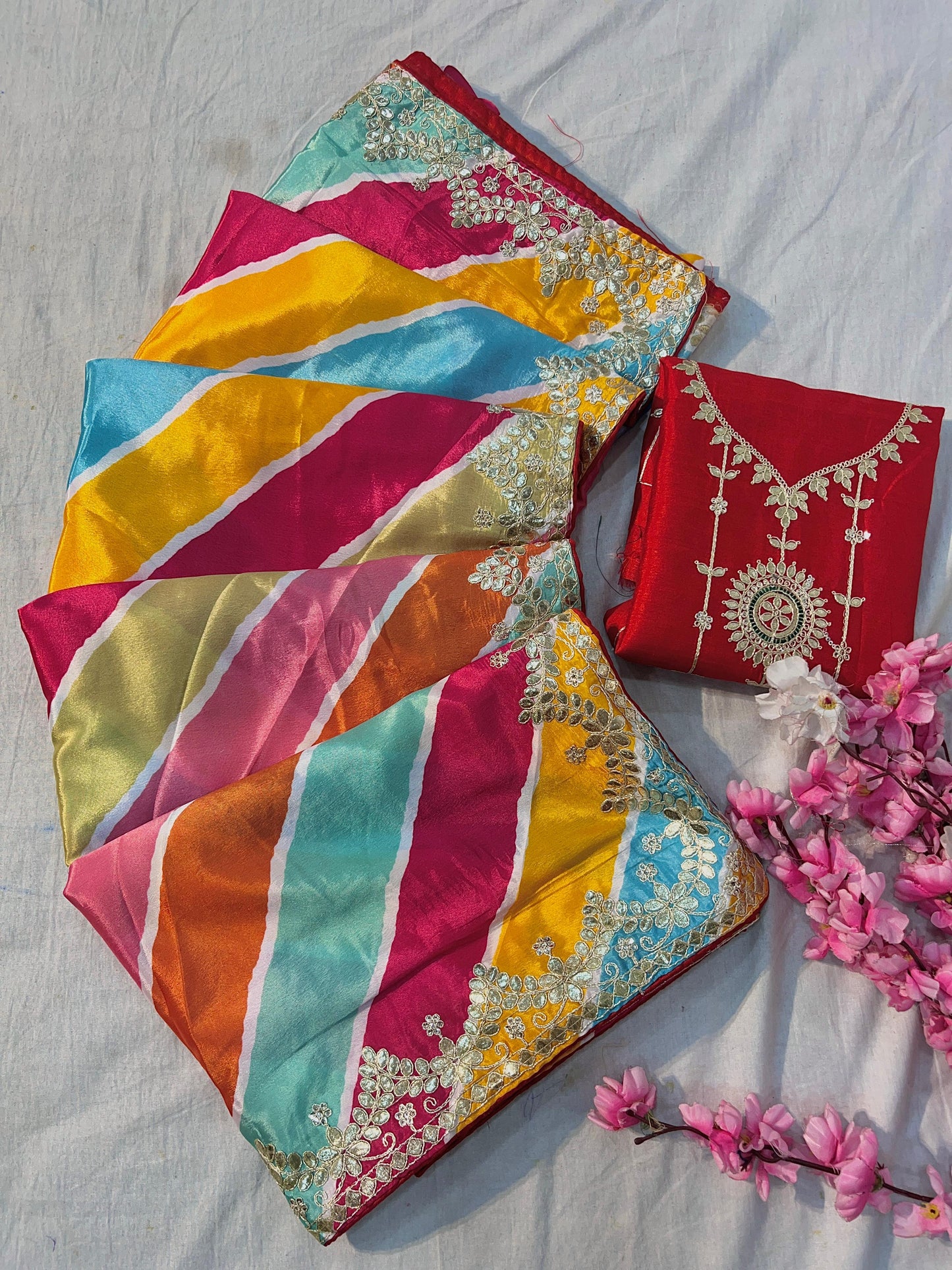 Kayatri New Royal Chinon Leheriya Saree with Rich Gotapatti Foil Work