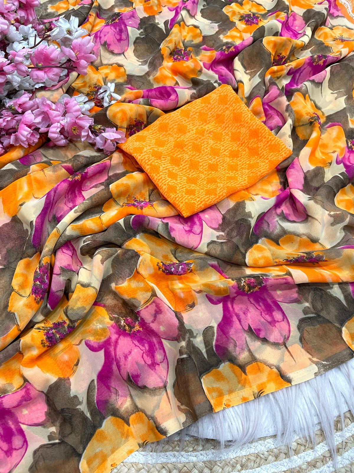 Kayatri New Elegant Floral Printed Wetless Georgette Saree with Same Fabric Blouse