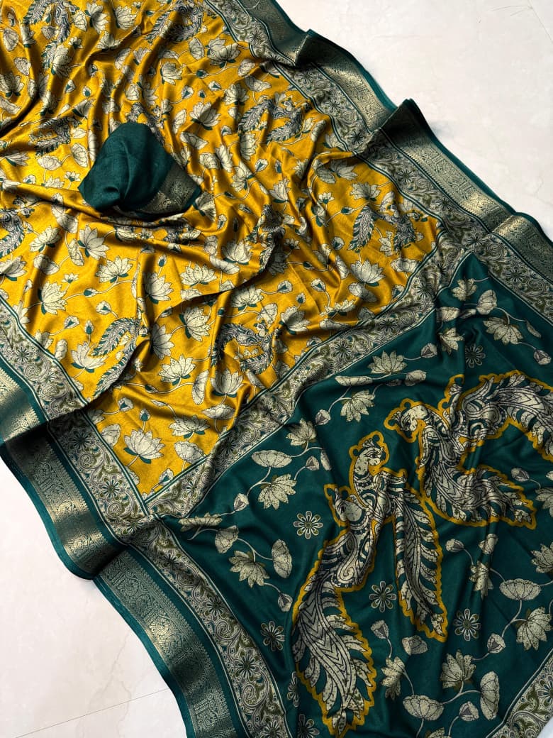 Kayatri New Premium Black Dola Silk Saree with Pen Kalamkari Artwork