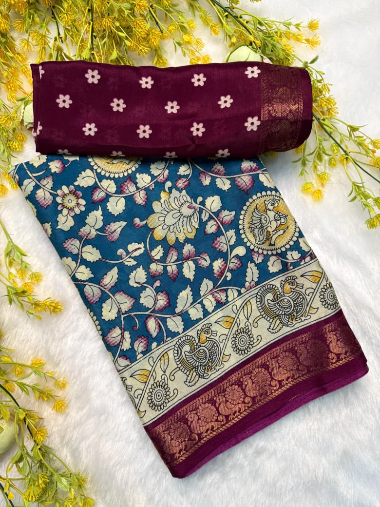 Kayatri New Premium Soft Mul Mul Cotton Silk Saree with Beautiful Pen Kalamkari Design, Contrast Zari Weaving Hamsa Borders