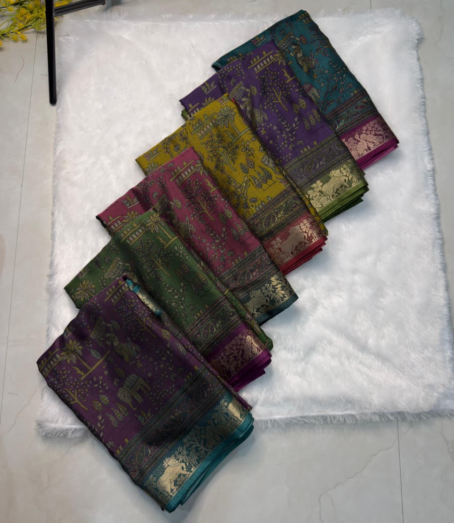 Kayatri New Designer Two-Tone Black Dola Silk Saree with Pen Kalamkari Work