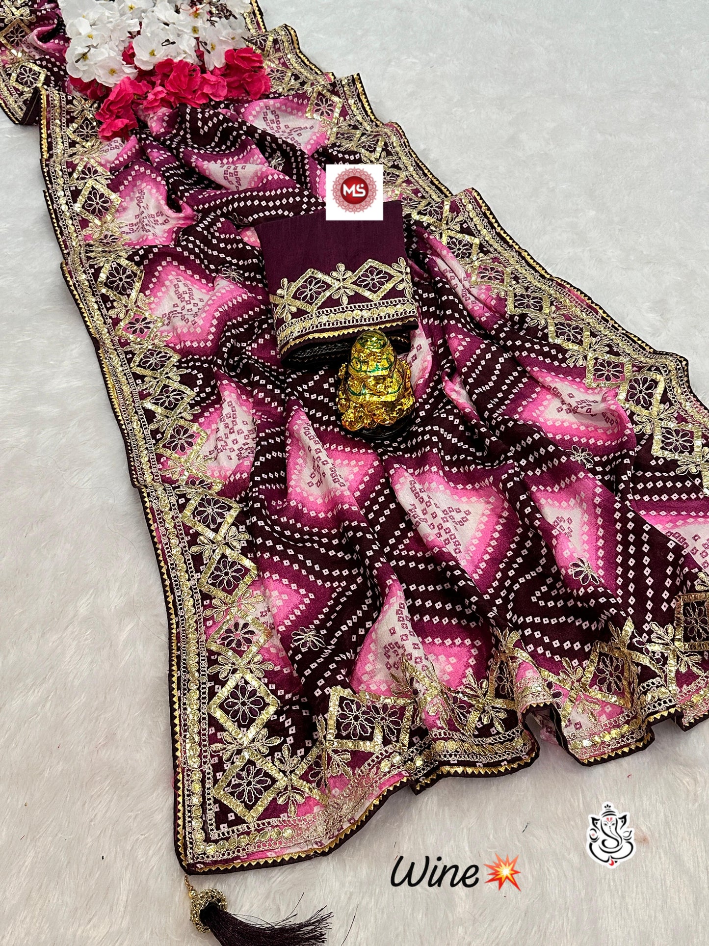 Kayatri New Designer Digital Chinon Silk Saree with Bandhej, Samosa Piping & Heavy Latkan