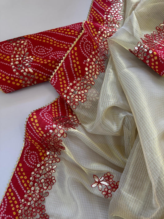 Kayatri New Premium Kota Doriya Saree with Zari Checks, Hand Gota Patti Work & Bandhani Blouse