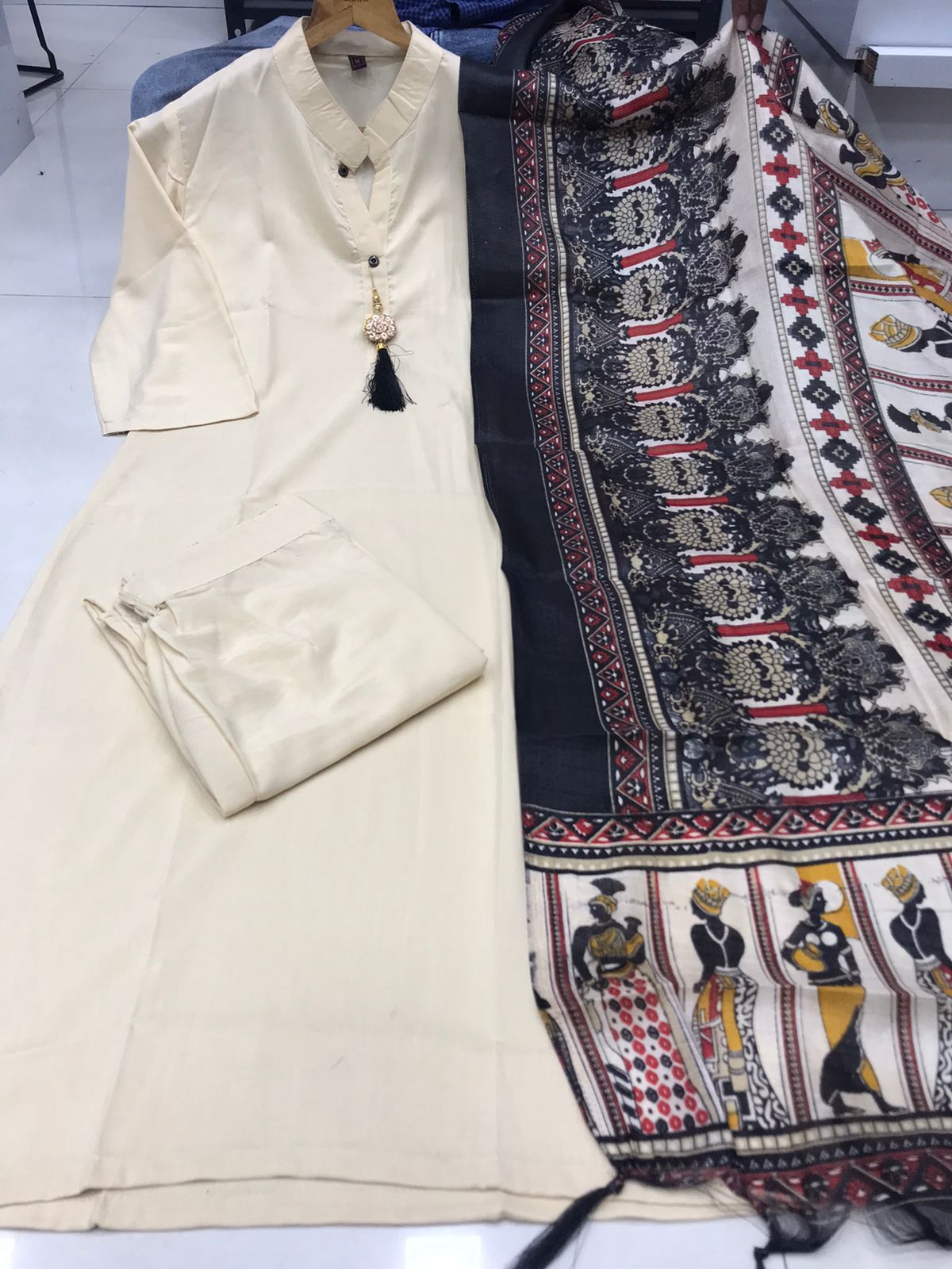Kayatri Solid Cream Colour fully stitched ethnic set