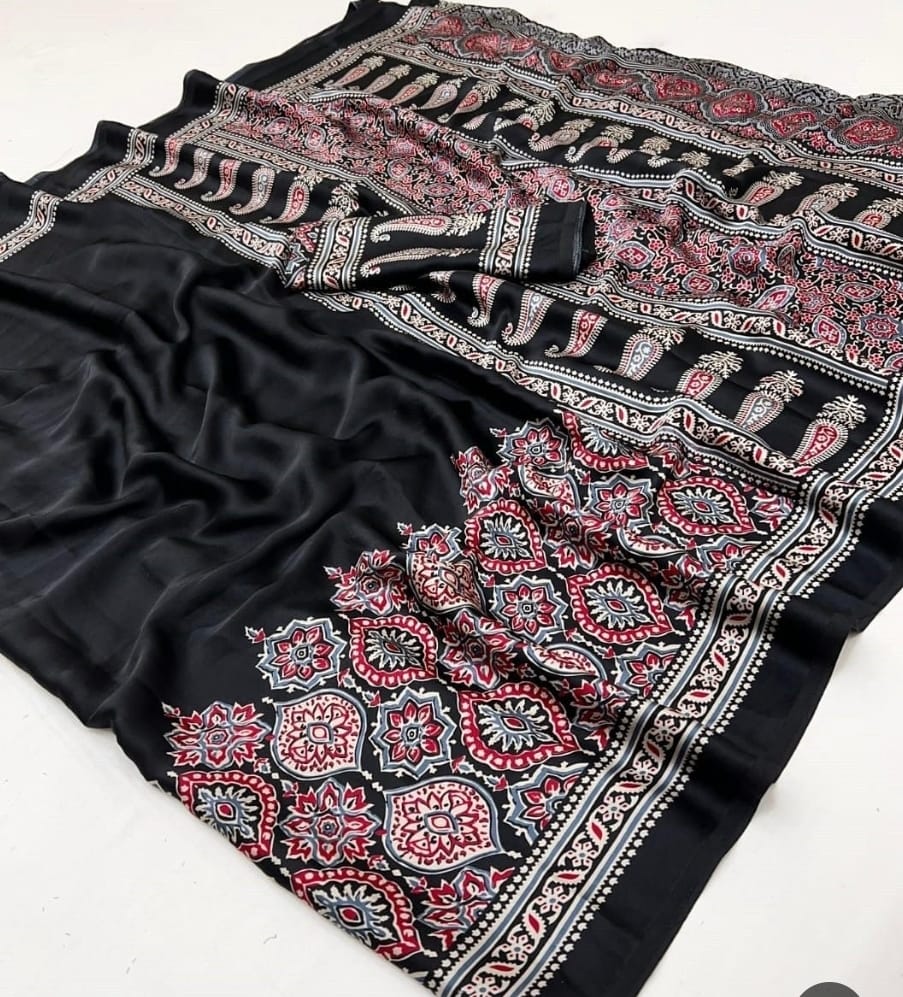 Kayatri New Pure Crape Satin Ajrakh Printed Saree
