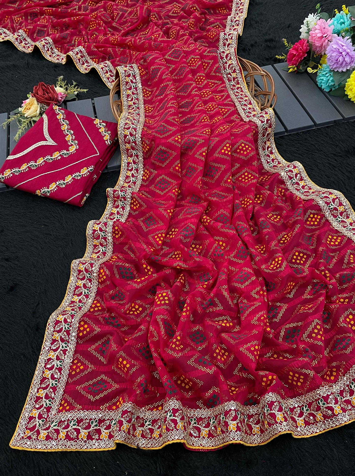 Kayatri New Elegant Bandhej Chex Cotton Silk Saree with Stylish Border & Pallu