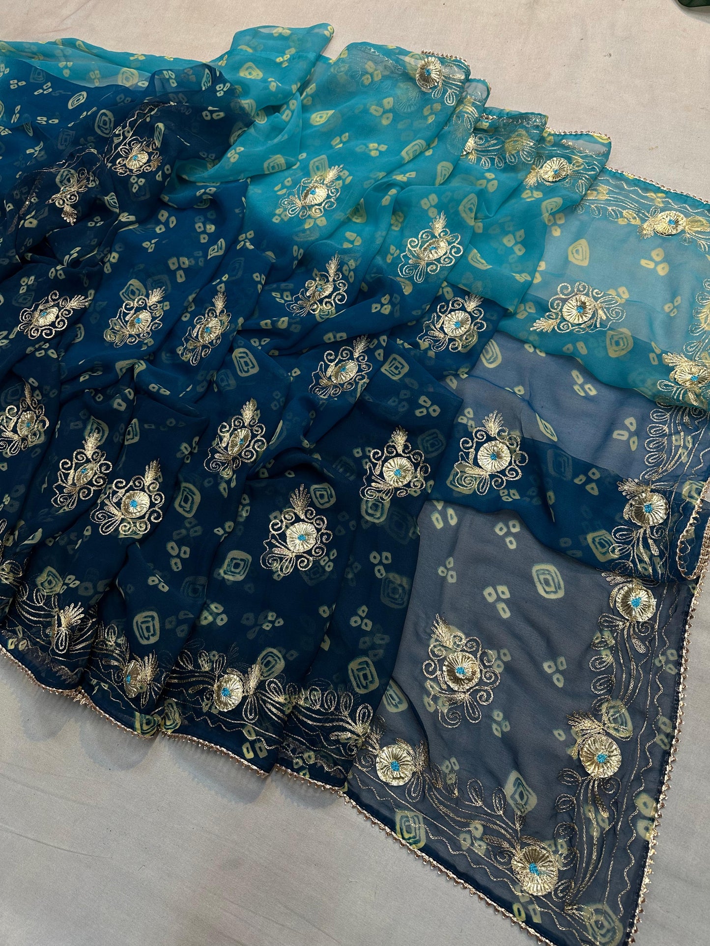 Kayatri New 60 GSM Georgette Bandhej Saree with Elegant Pittan Gota Work