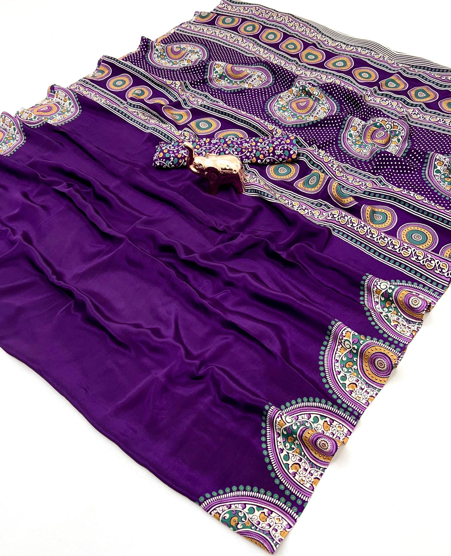 Kayatri New Traditional Ajrak Crepe Satin Saree With Rich Pallu