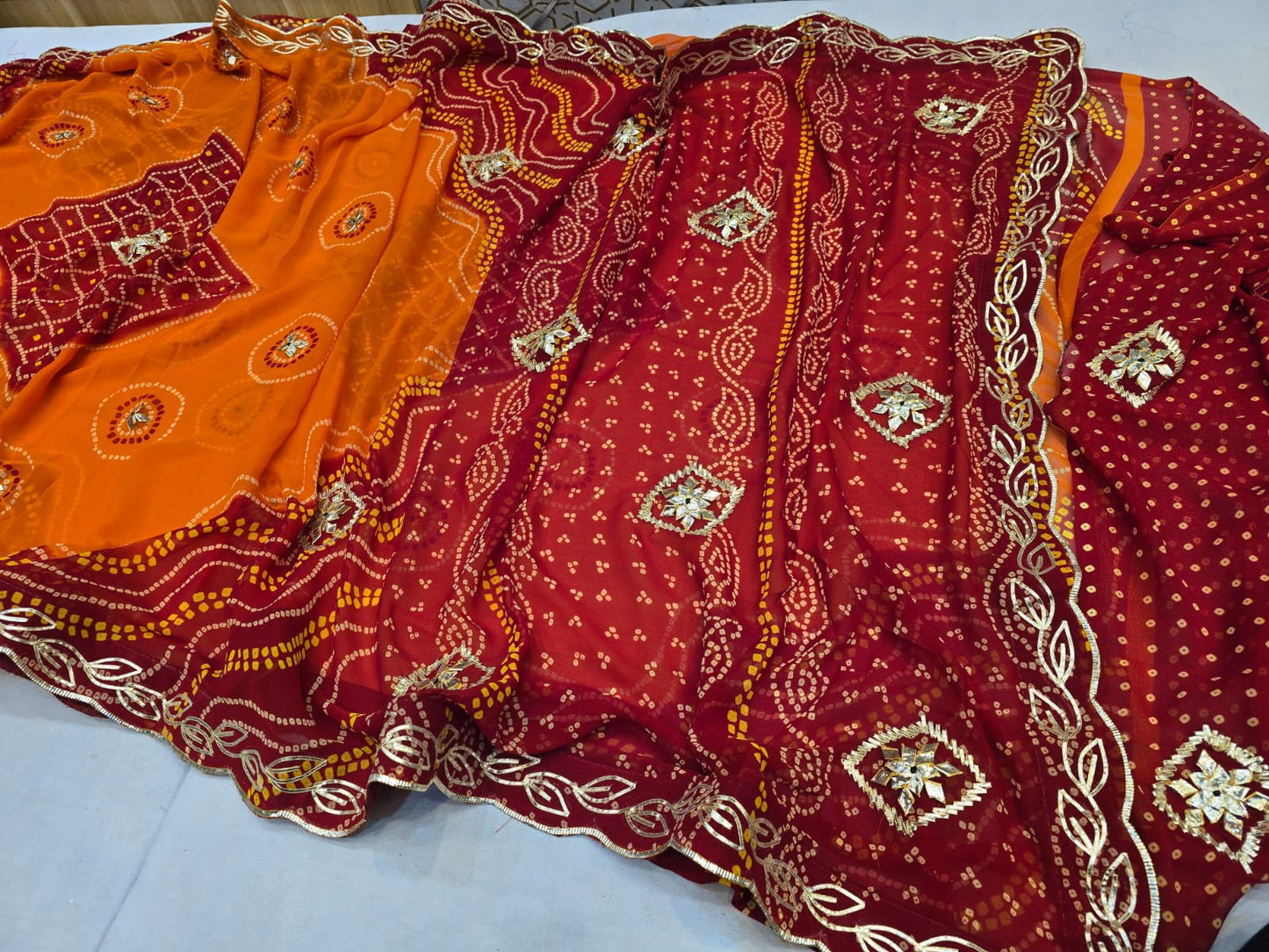 Kayatri Pure Georgette Patang Pila Bandhej Saree