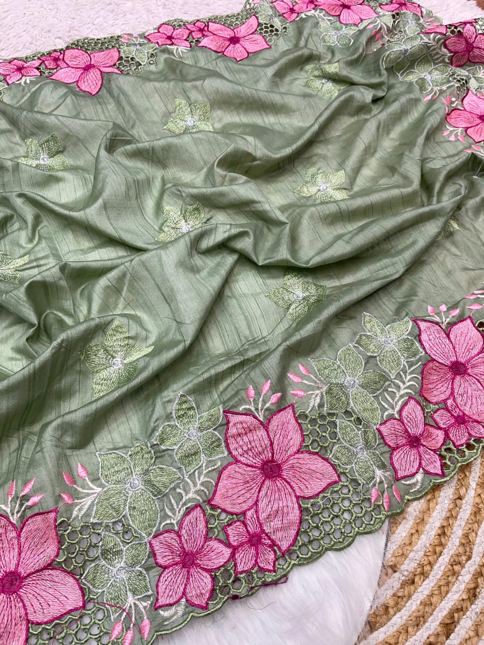 Kayatri New Soft Gadwal Silk Fabric With Embroidery Flower Work Saree