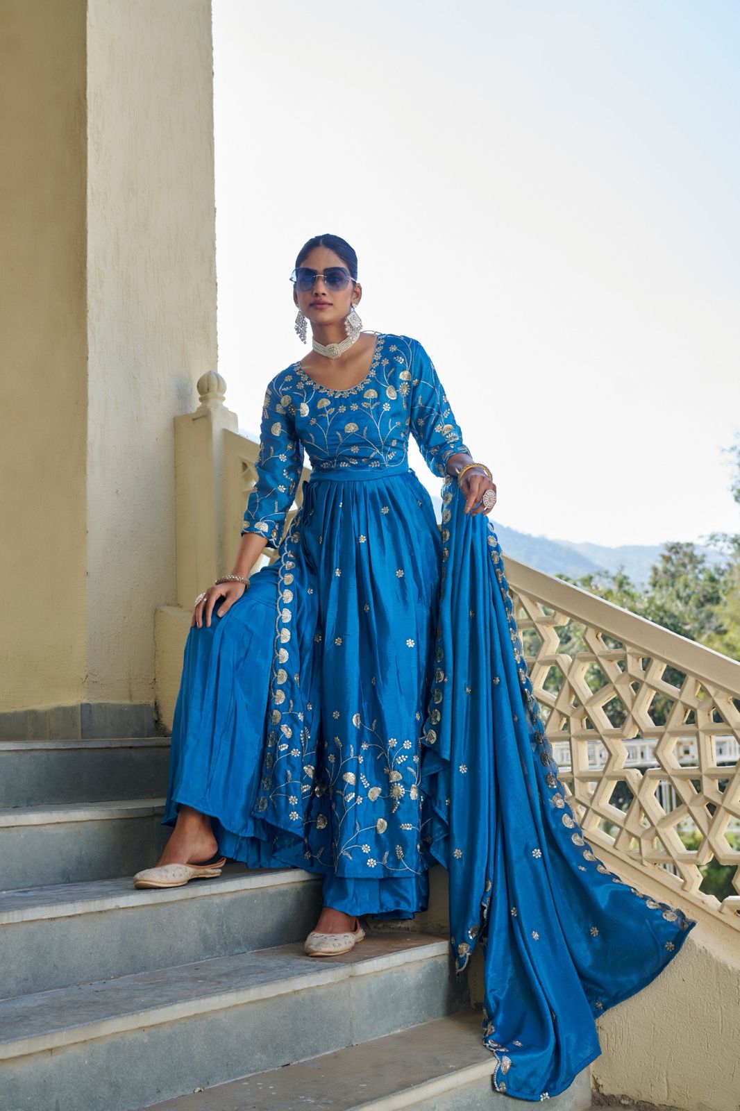 Kayatri Launching New Designers Nyra Cut Chinon Sharara Set With Dupatta Suit