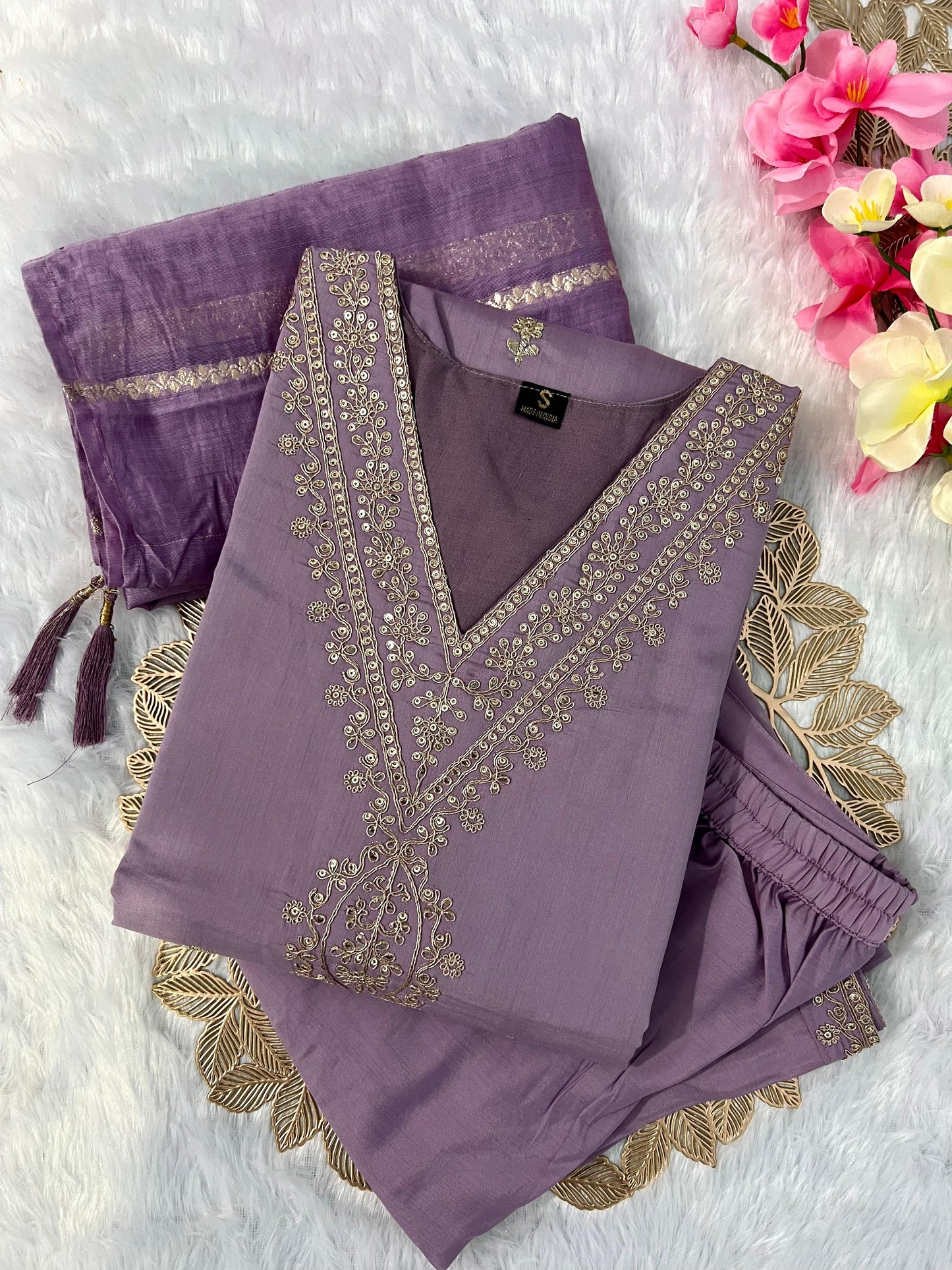 Kayatri New Lavender Roman Silk Kurti Pant Dupatta Set with Embroidery & Sequins Work
