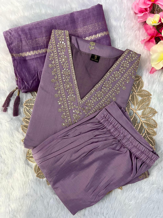 Kayatri New Lavender Roman Silk Kurti Pant Dupatta Set with Embroidery & Sequins Work