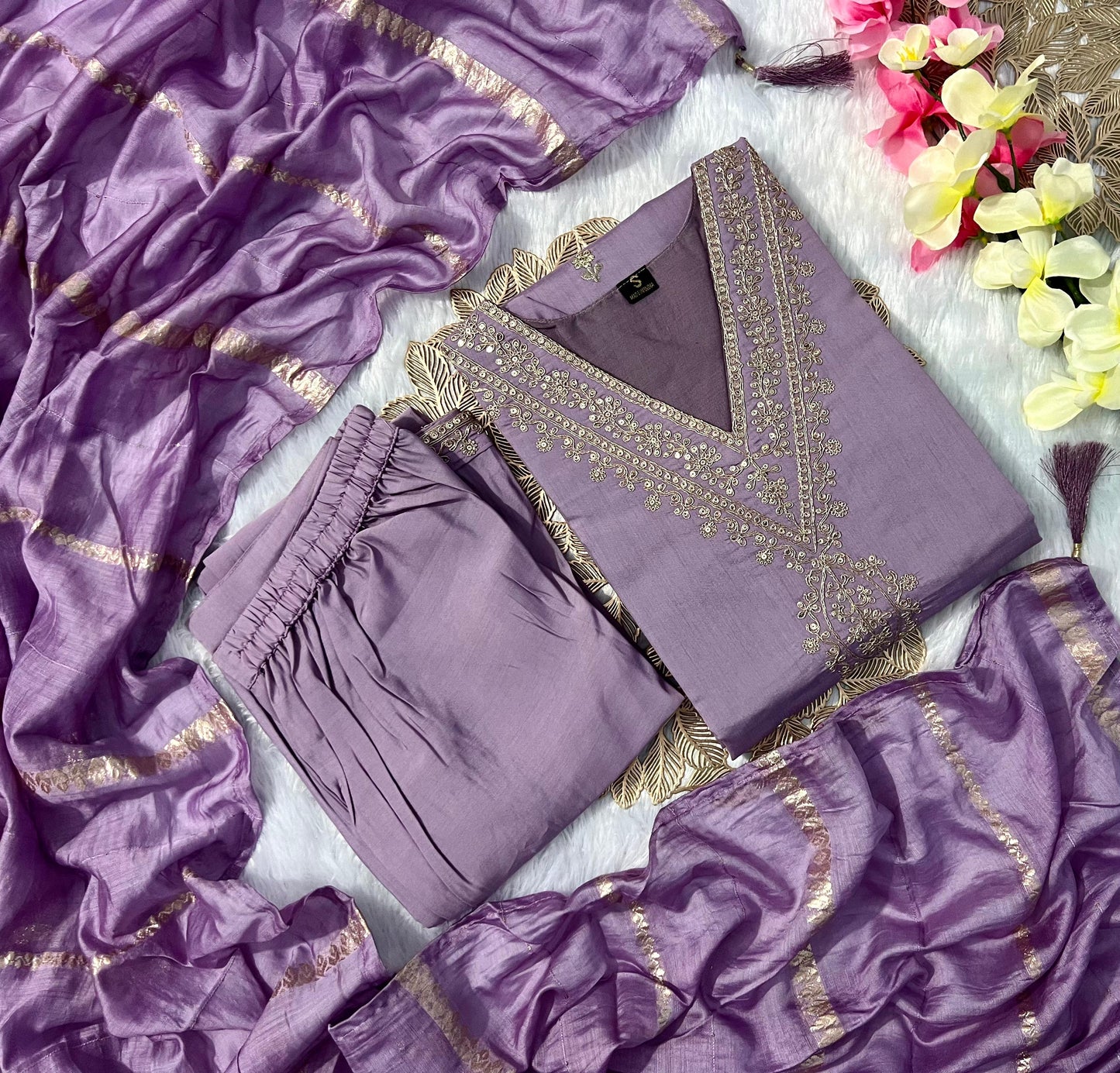 Kayatri New Lavender Roman Silk Kurti Pant Dupatta Set with Embroidery & Sequins Work