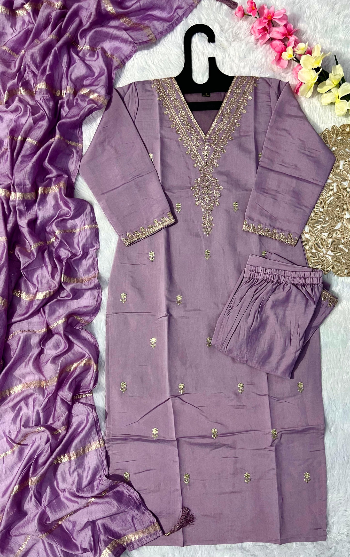 Kayatri New Lavender Roman Silk Kurti Pant Dupatta Set with Embroidery & Sequins Work