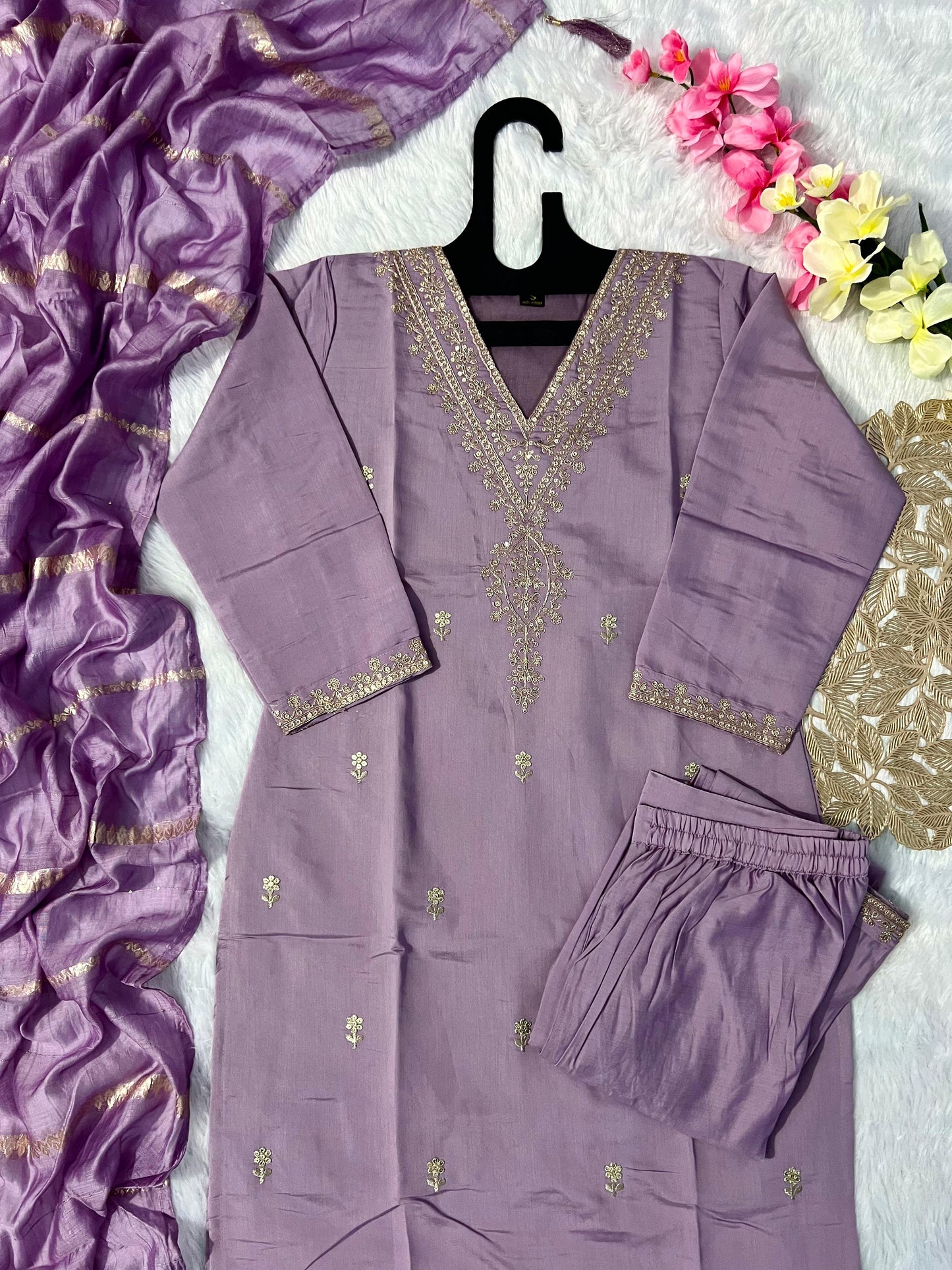 Kayatri New Lavender Roman Silk Kurti Pant Dupatta Set with Embroidery & Sequins Work