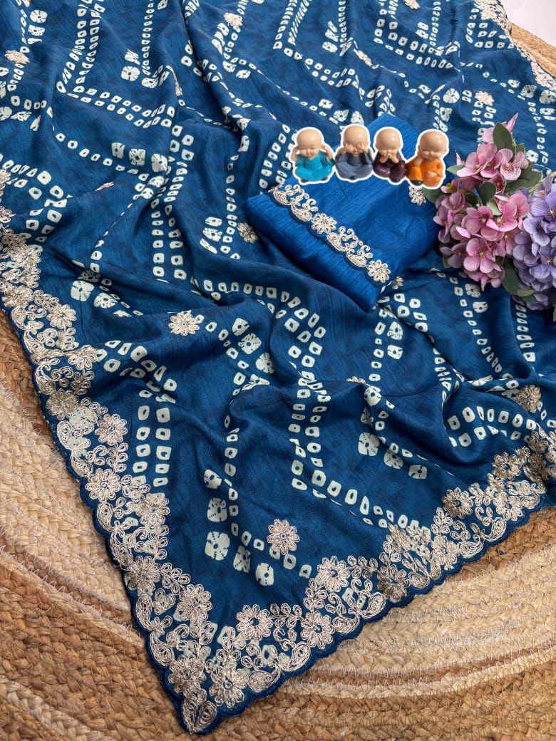 Kayatri New Crepe Silk Bandhani Print Cutwork Border Saree
