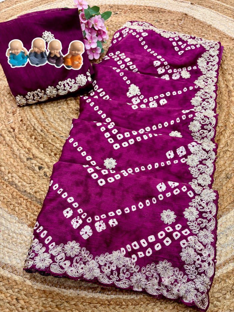 Kayatri New Crepe Silk Bandhani Print Cutwork Border Saree