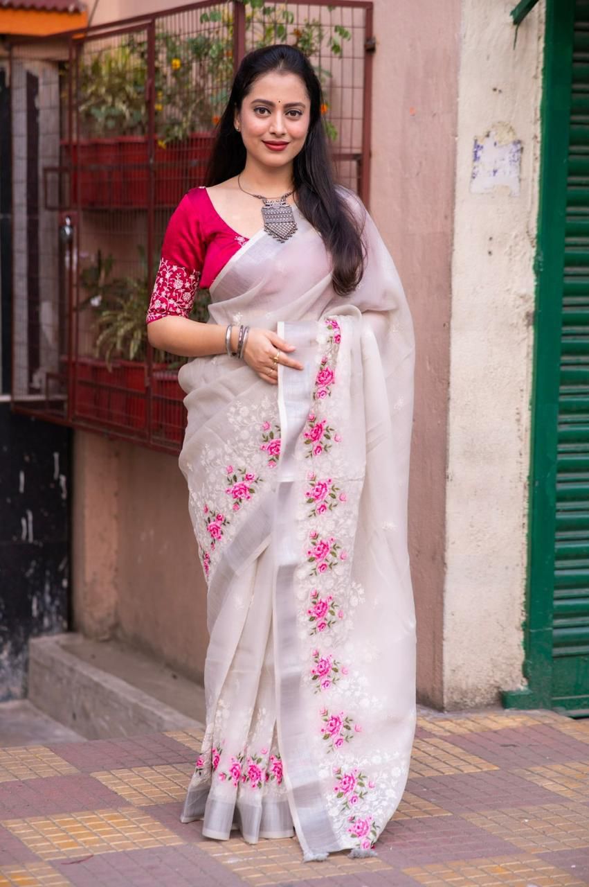 Kayatri Beautifull combination of white thread and multicolor emboridary Saree