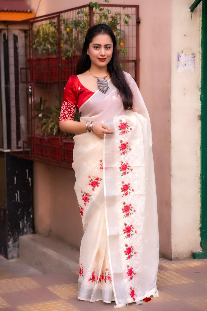 Kayatri Beautifull combination of white thread and multicolor emboridary Saree