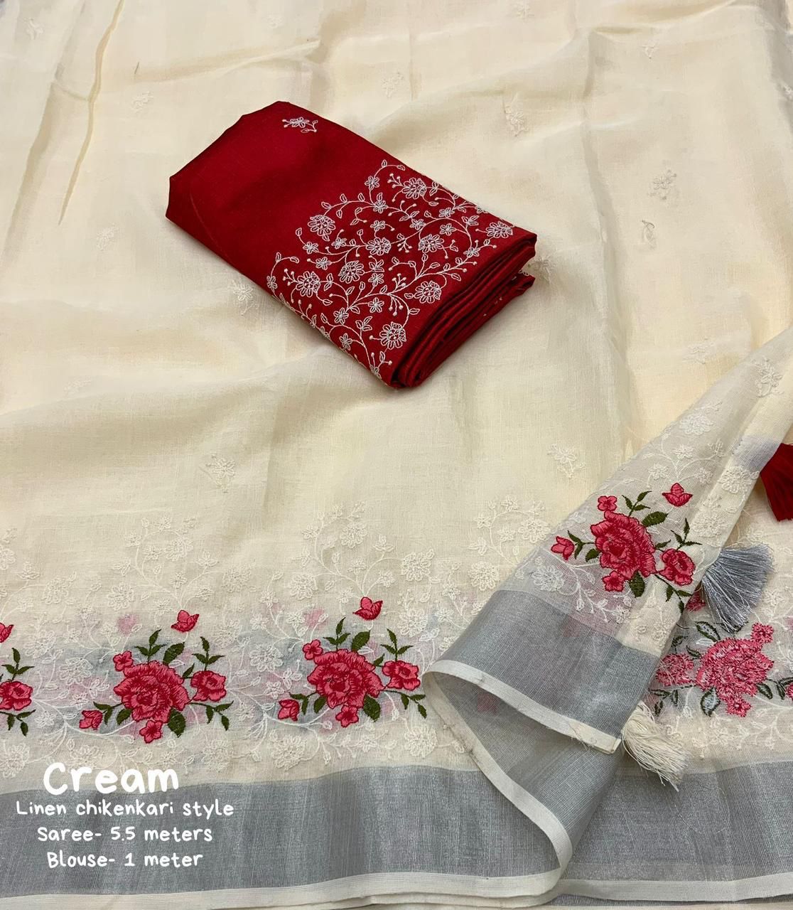 Kayatri Beautifull combination of white thread and multicolor emboridary Saree