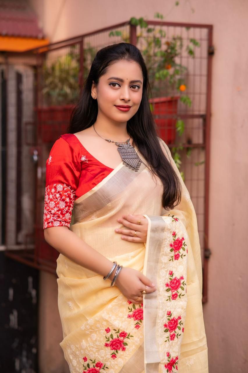 Kayatri Beautifull combination of white thread and multicolor emboridary Saree