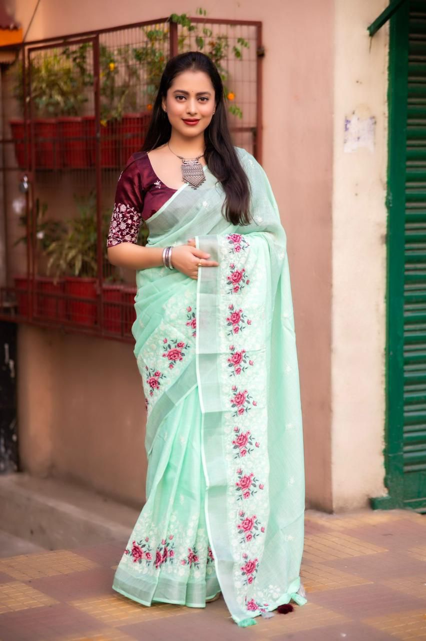 Kayatri Beautifull combination of white thread and multicolor emboridary Saree