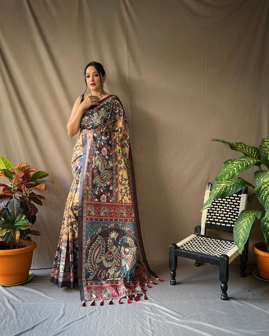 Kayatri Beautiful Pure Cotton Kalamkari Print With Contrast Pallu Saree
