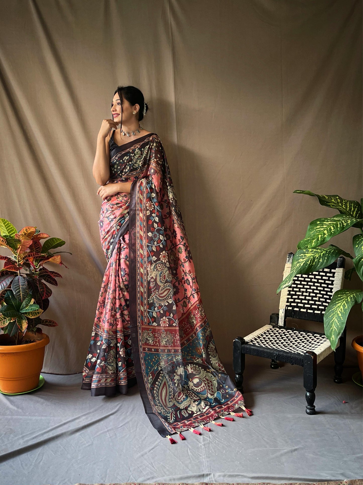 Kayatri Beautiful Pure Cotton Kalamkari Print With Contrast Pallu Saree