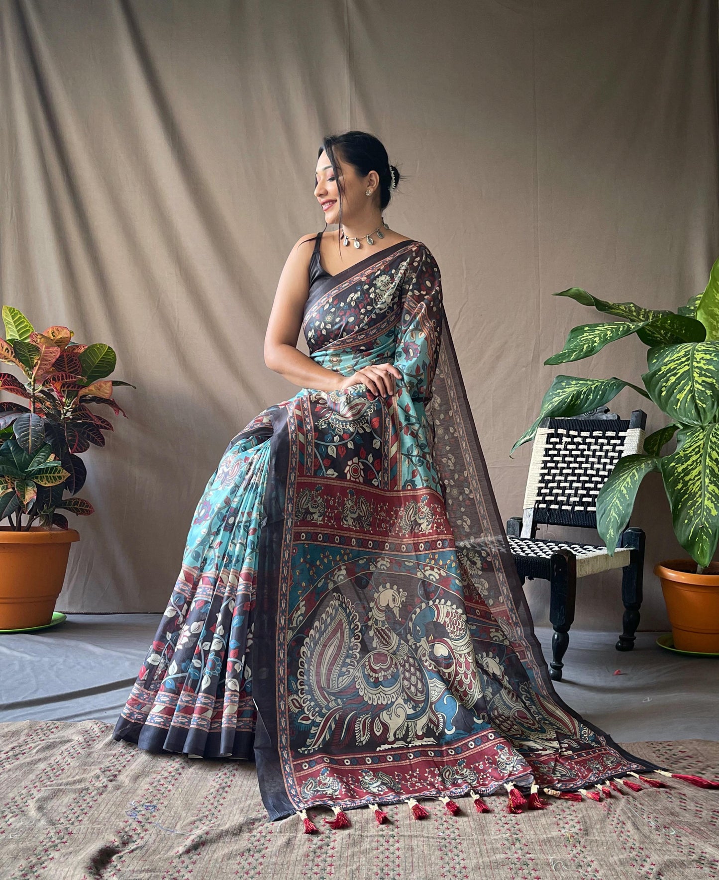 Kayatri Beautiful Pure Cotton Kalamkari Print With Contrast Pallu Saree