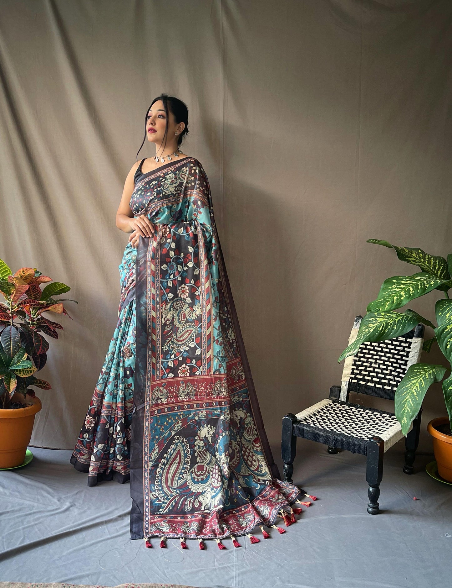 Kayatri Beautiful Pure Cotton Kalamkari Print With Contrast Pallu Saree