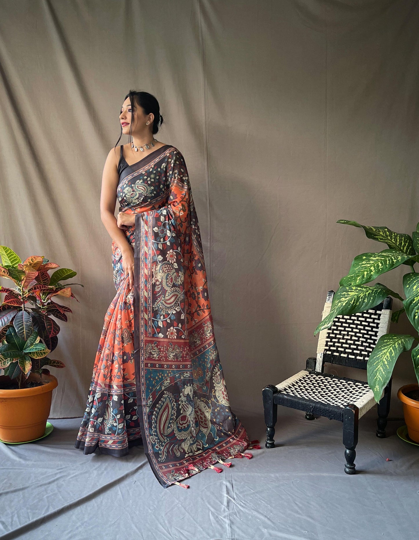 Kayatri Beautiful Pure Cotton Kalamkari Print With Contrast Pallu Saree