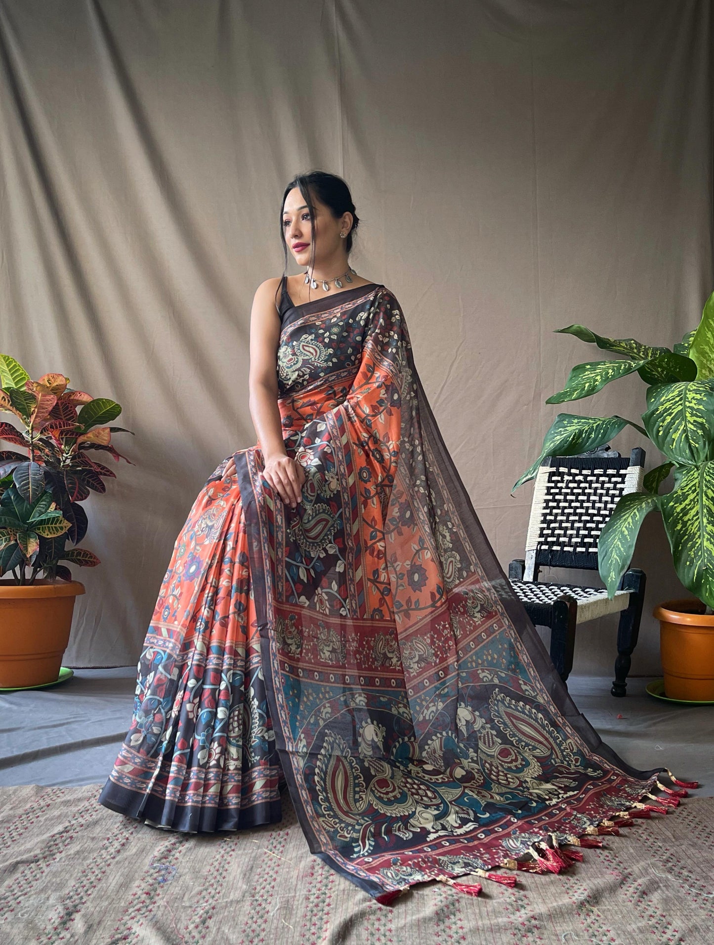Kayatri Beautiful Pure Cotton Kalamkari Print With Contrast Pallu Saree