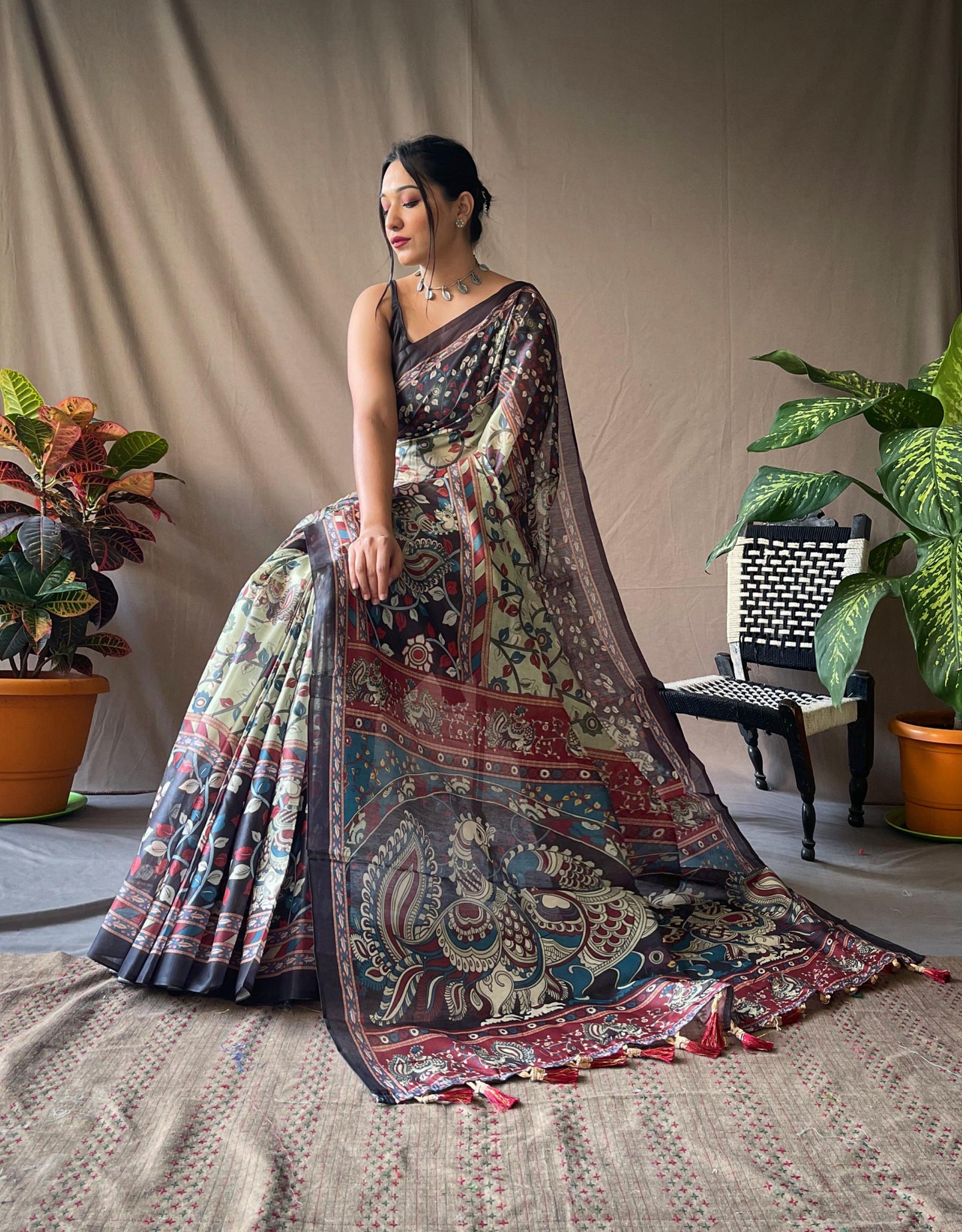 Kayatri Beautiful Pure Cotton Kalamkari Print With Contrast Pallu Saree