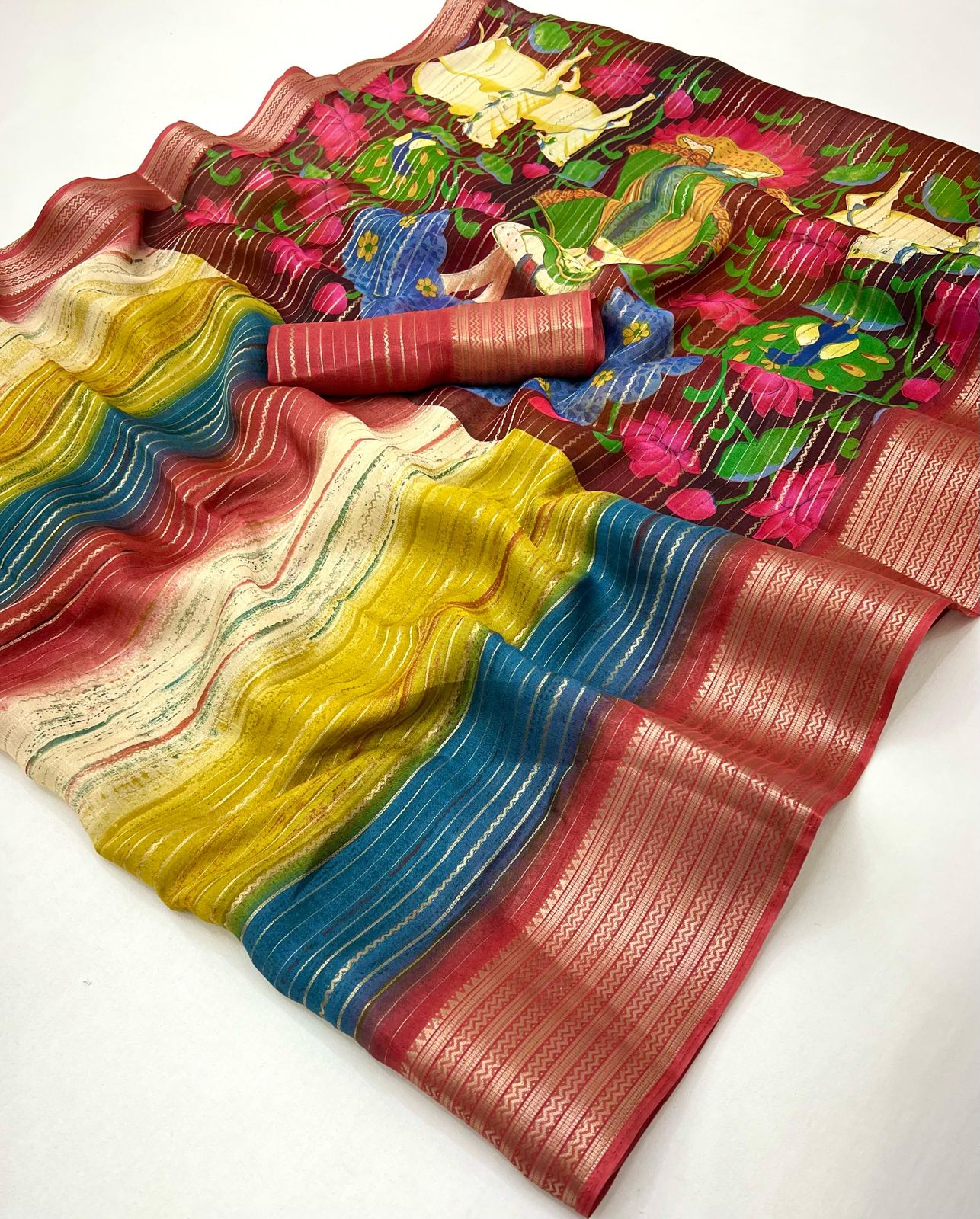 Kayatri Soft Moss Mill Print With Kalamkari Pallu Printed Saree