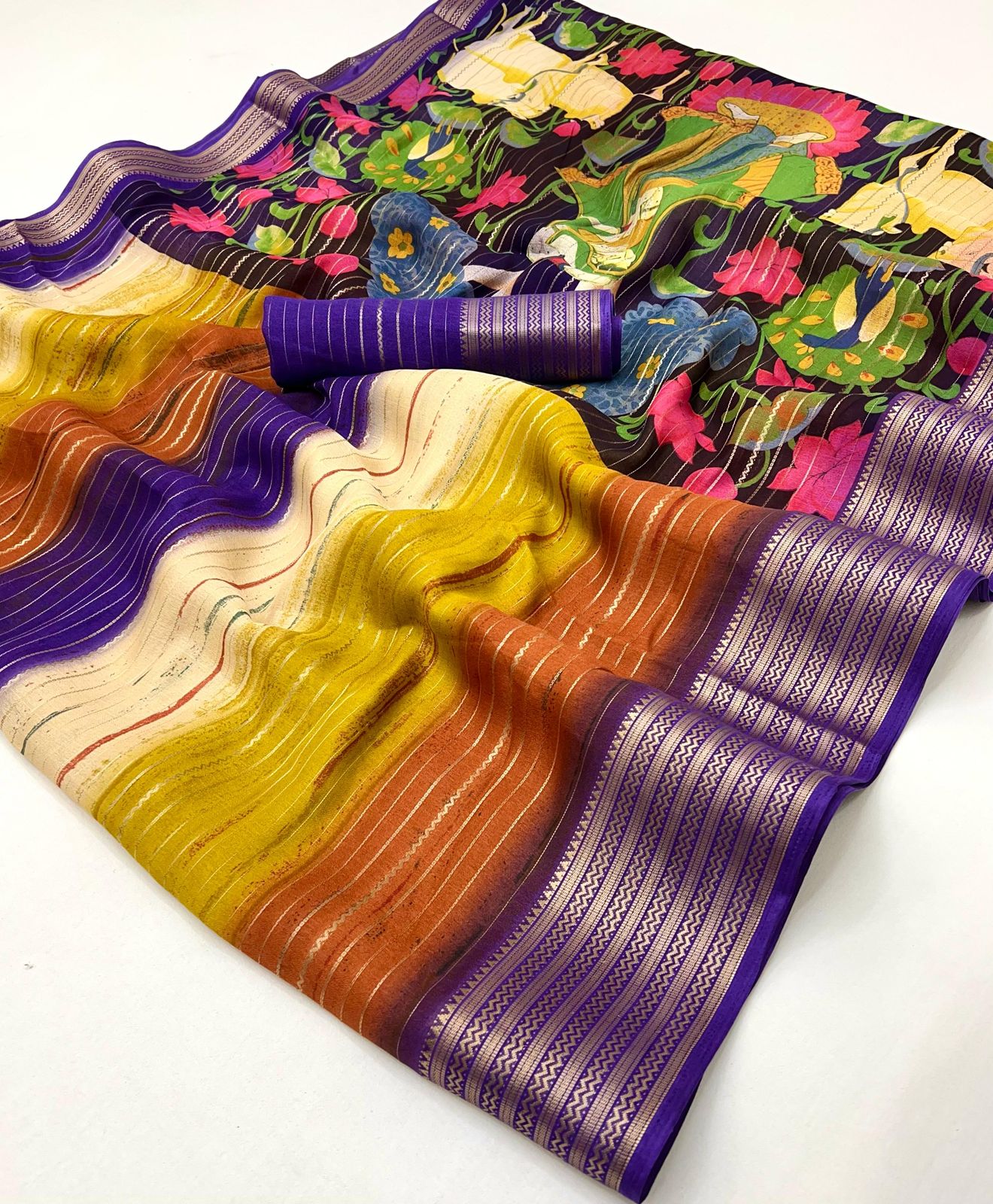 Kayatri Soft Moss Mill Print With Kalamkari Pallu Printed Saree