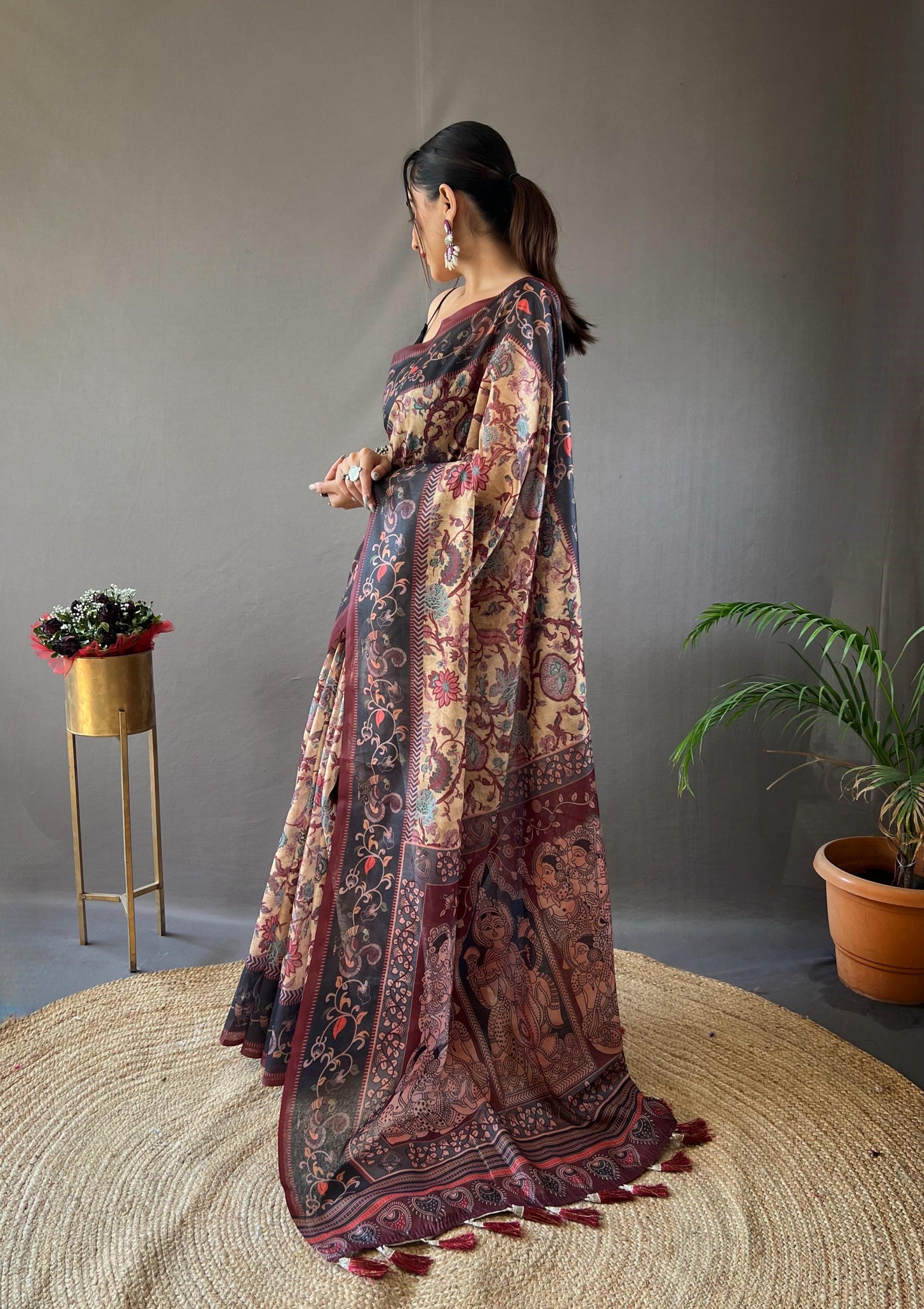 Kayatri New Pure Cotton Kalamkari Print With Contrast Pallu Saree