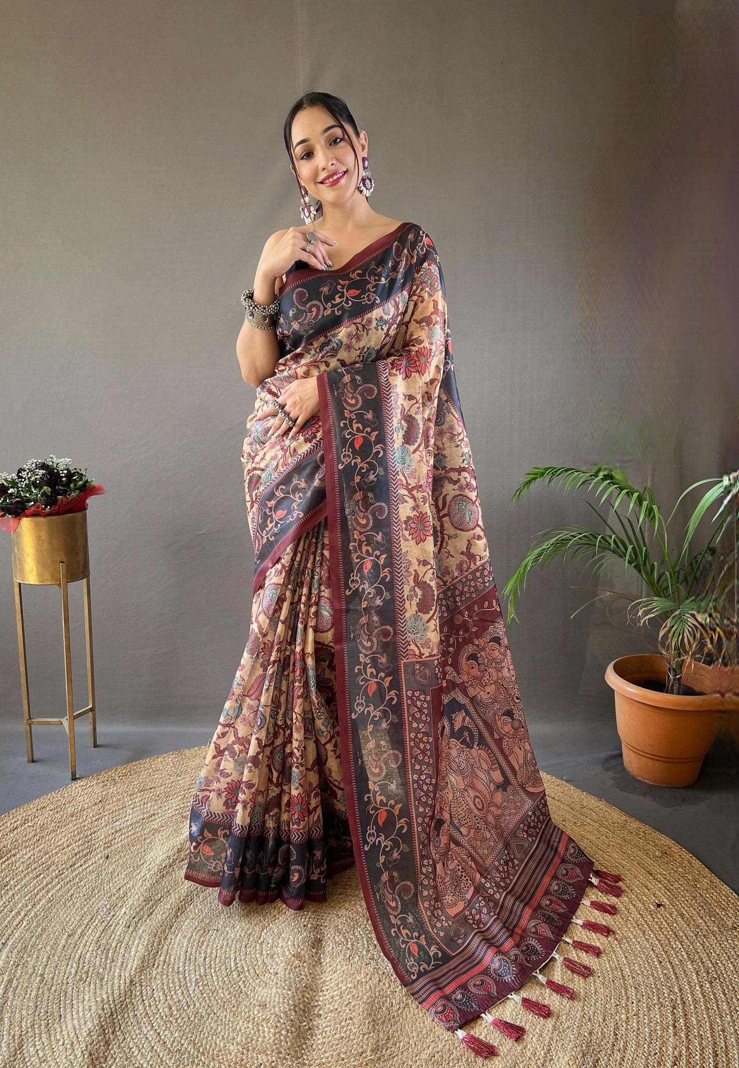 Kayatri New Pure Cotton Kalamkari Print With Contrast Pallu Saree