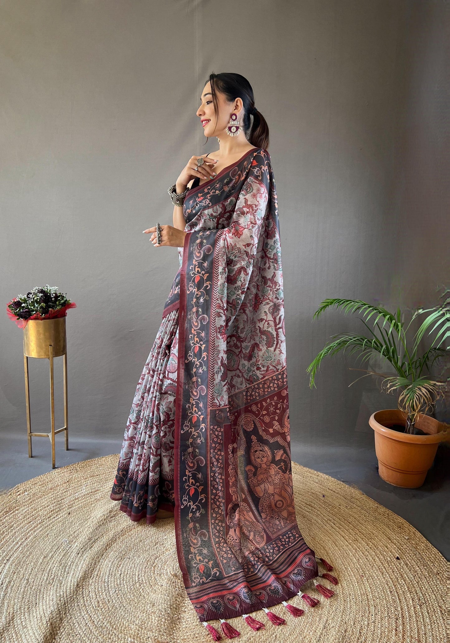 Kayatri New Pure Cotton Kalamkari Print With Contrast Pallu Saree