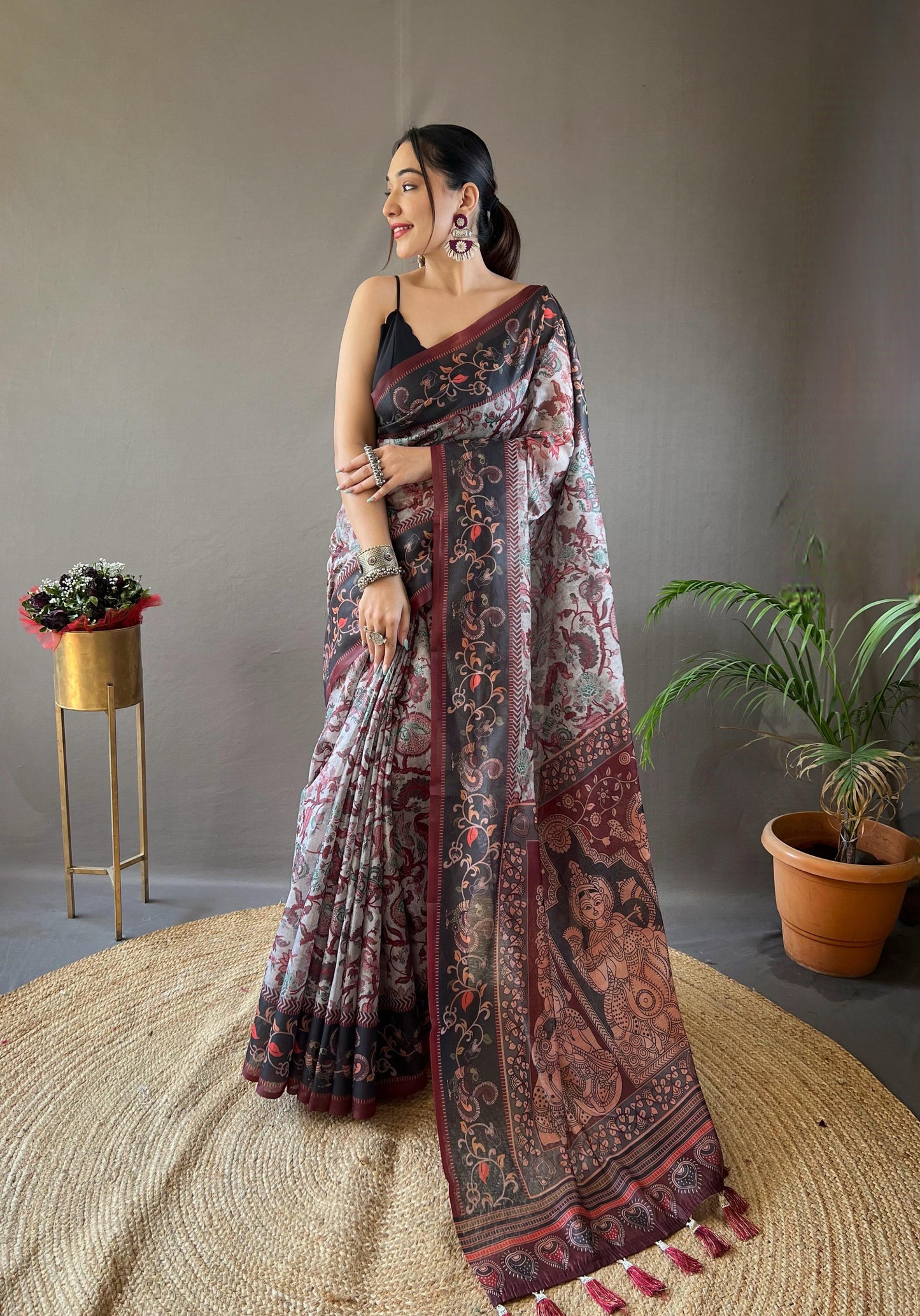Kayatri New Pure Cotton Kalamkari Print With Contrast Pallu Saree