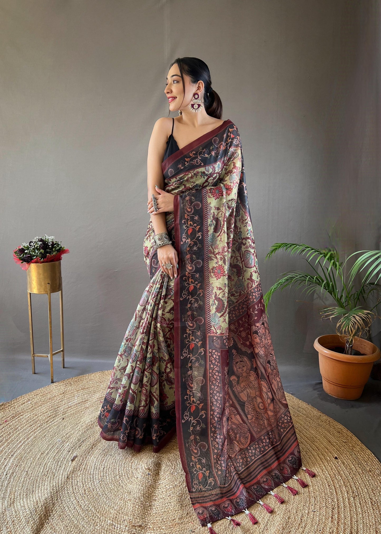 Kayatri New Pure Cotton Kalamkari Print With Contrast Pallu Saree