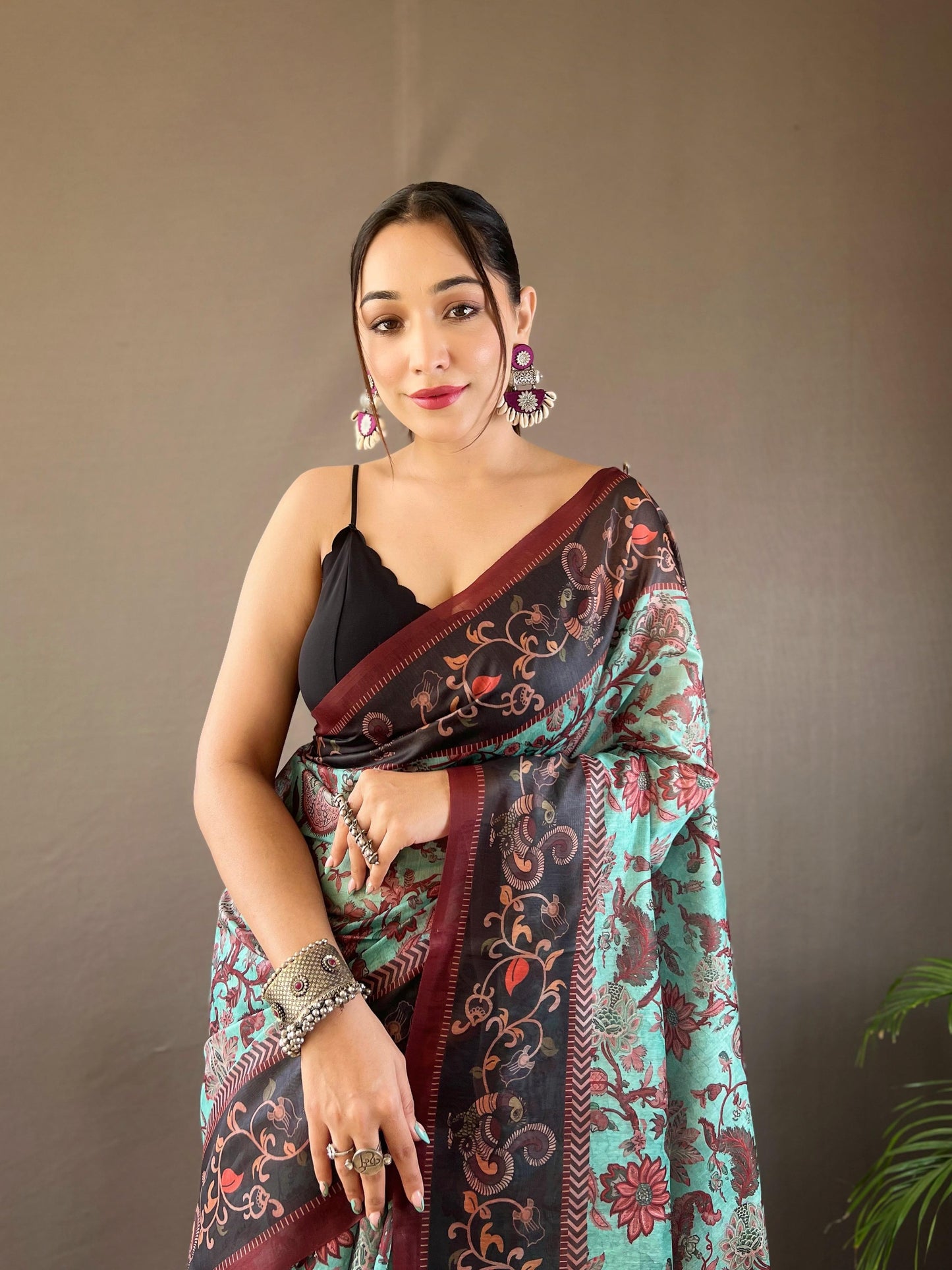 Kayatri New Pure Cotton Kalamkari Print With Contrast Pallu Saree