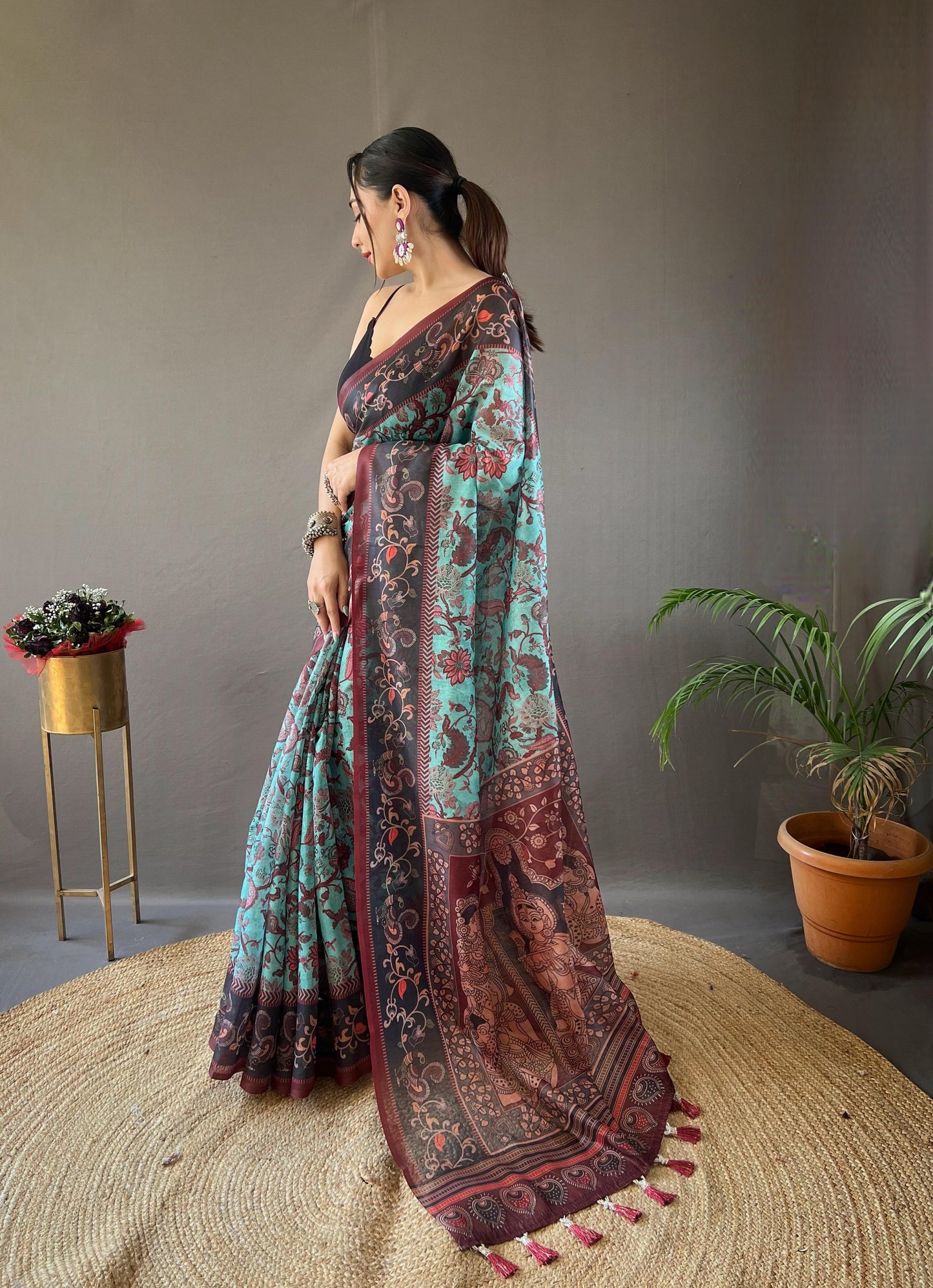 Kayatri New Pure Cotton Kalamkari Print With Contrast Pallu Saree