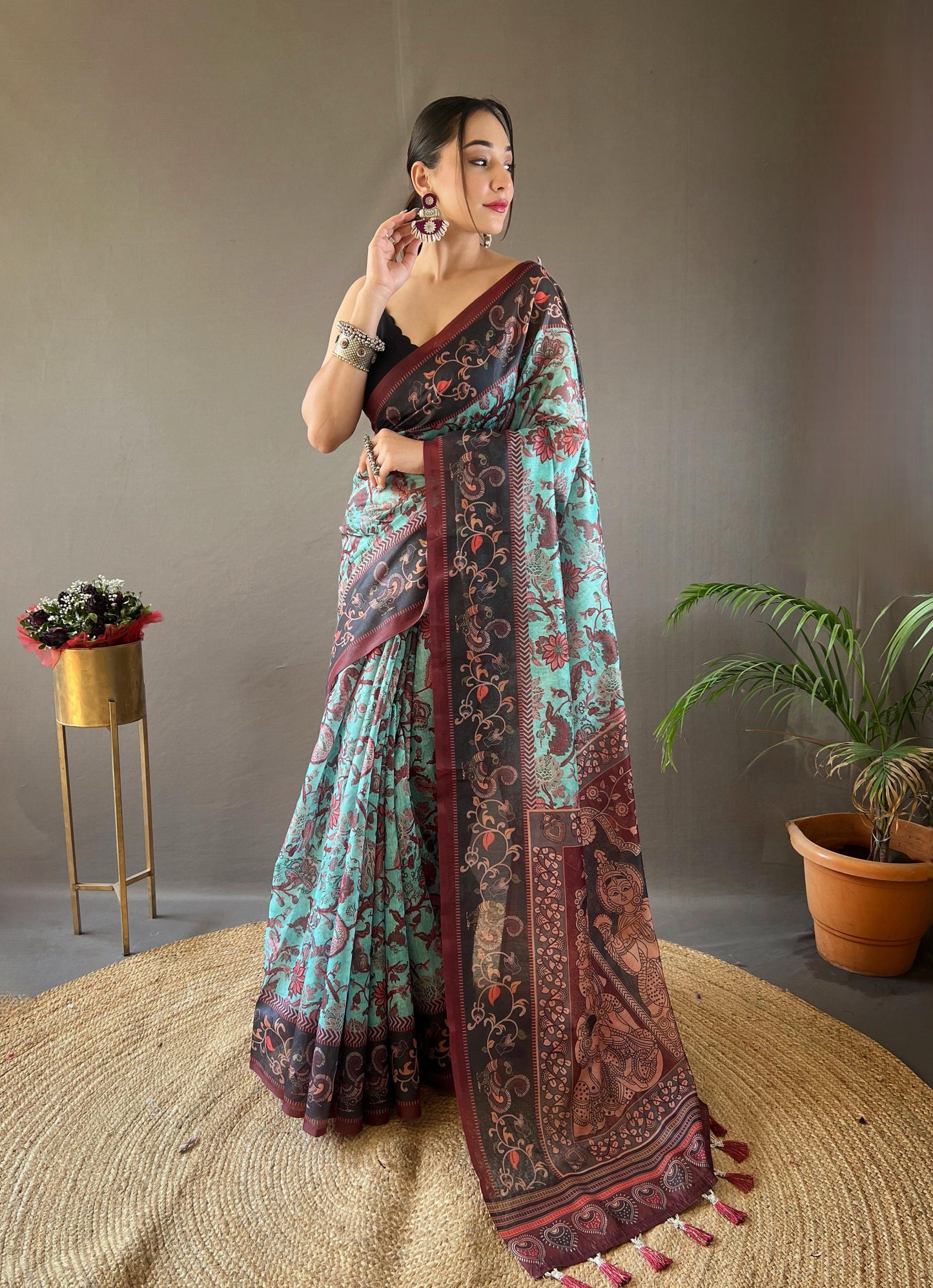 Kayatri New Pure Cotton Kalamkari Print With Contrast Pallu Saree