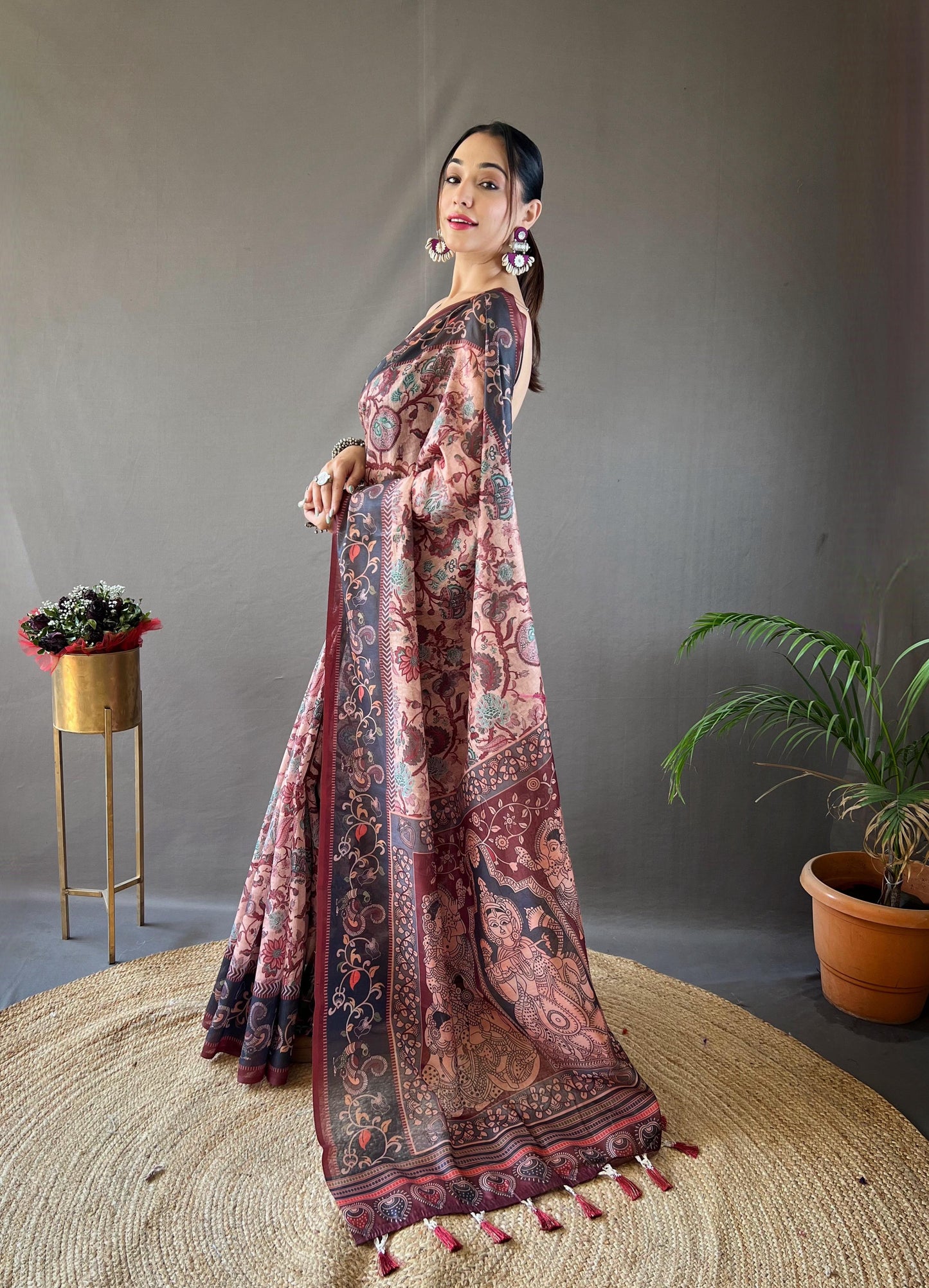 Kayatri New Pure Cotton Kalamkari Print With Contrast Pallu Saree