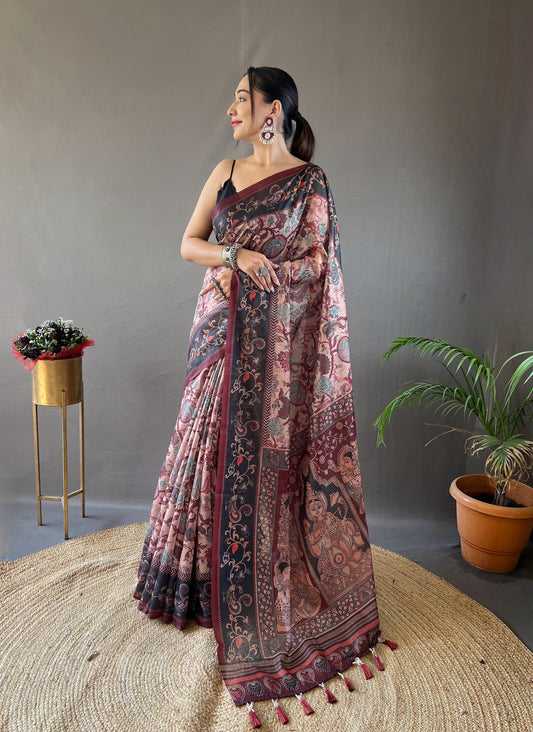 Kayatri New Pure Cotton Kalamkari Print With Contrast Pallu Saree