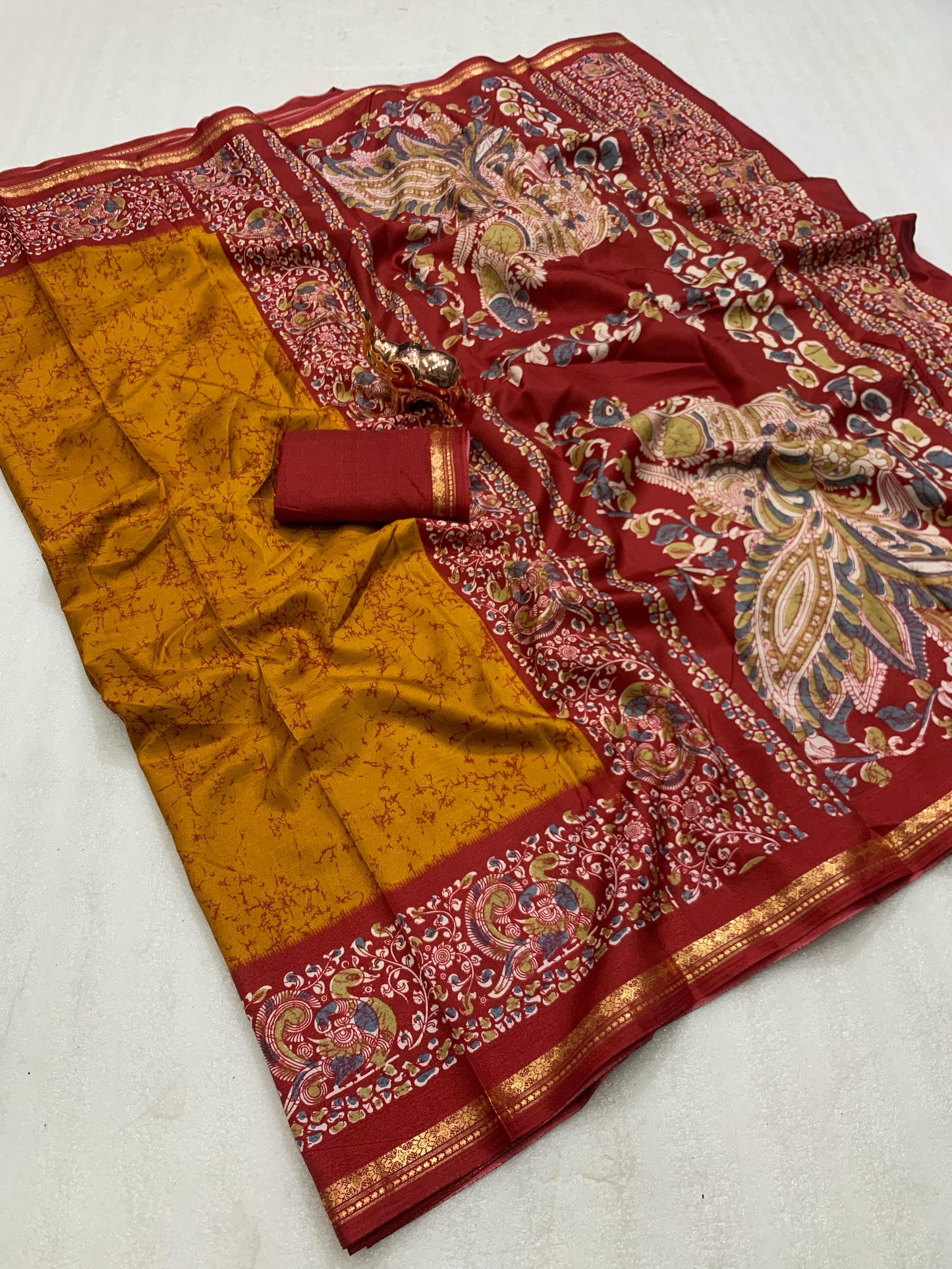 Kayatri Rich printed Kalamkari Pallu Dola Silk Saree