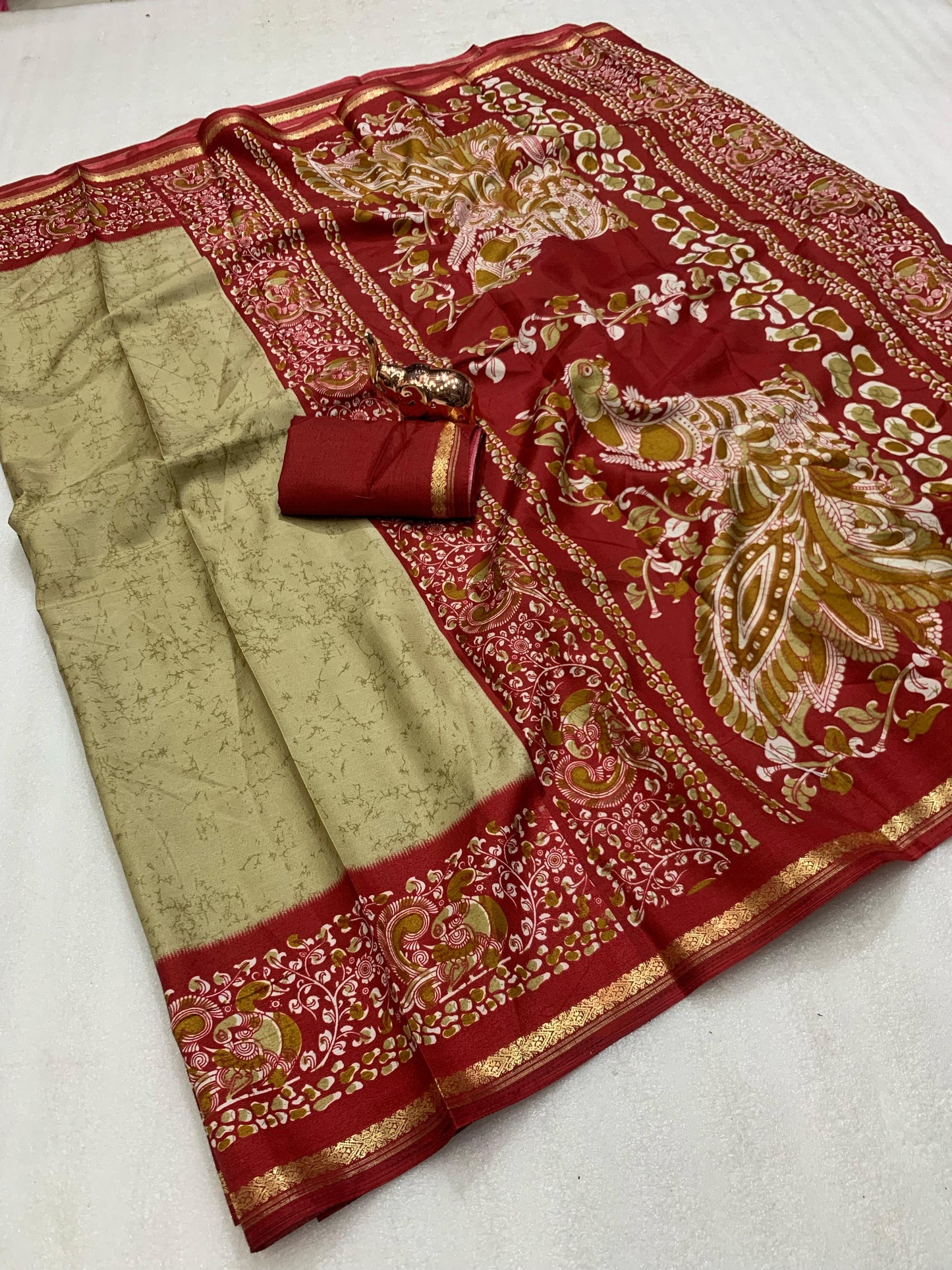 Kayatri Rich printed Kalamkari Pallu Dola Silk Saree